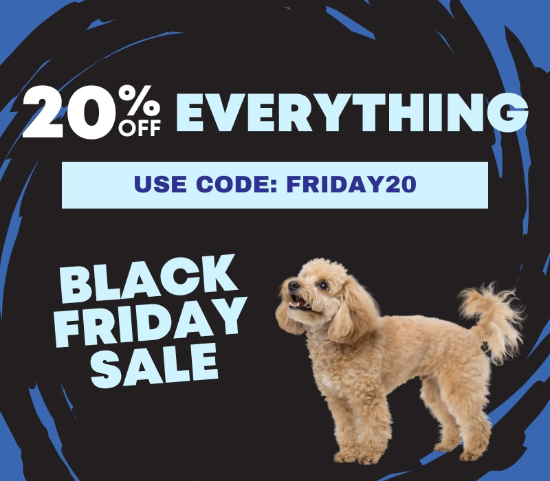 Black Friday sale advertisement with a dog and promotional text on a black and blue background