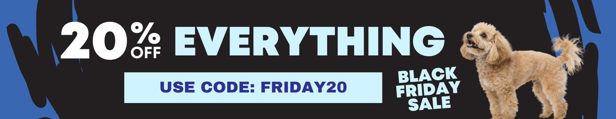 Black Friday sale banner with dog illustration and promotional text for 20% off sitewide with code FRIDAY20