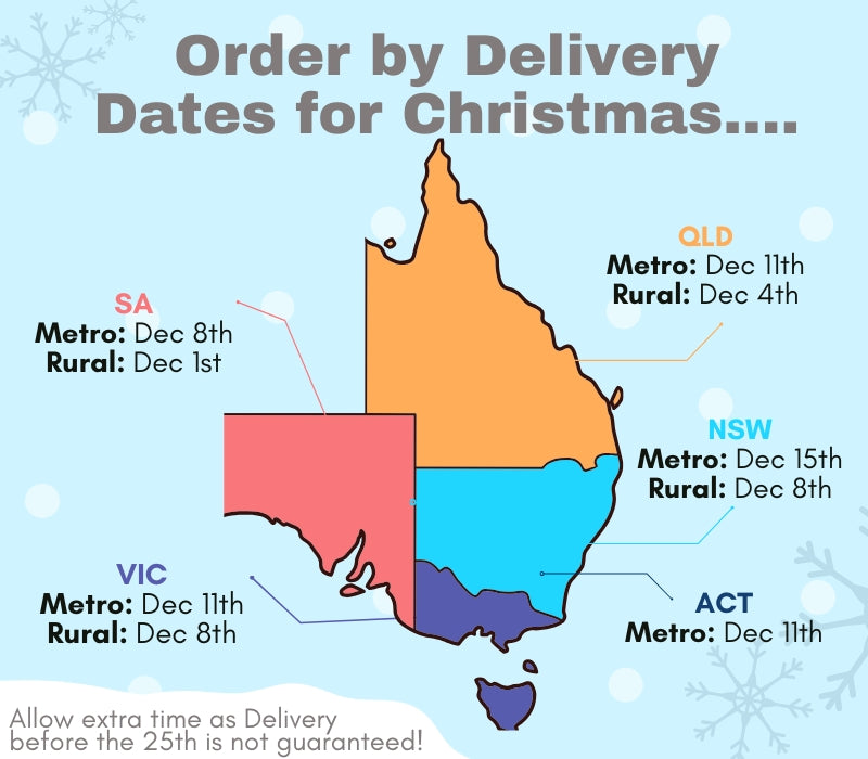 Partial map of Australia with delivery dates for Christmas shown by state.