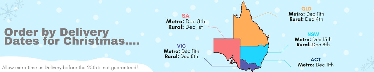 Map of Australia with different regions colored and delivery dates listed for Christmas.