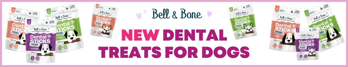 Promotional image of Bell & Bone dental sticks for dogs with packaging displayed.