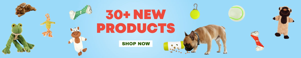 Promotional banner with '30+ New Products' text and various dog toys on a blue background.