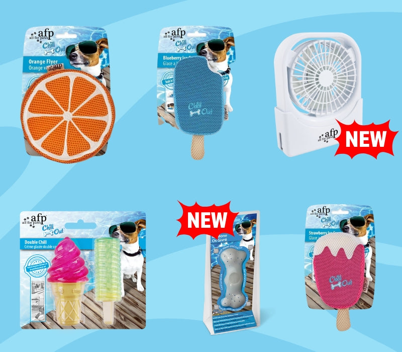 Six Chill Out branded toys on a blue background, two labeled as new.