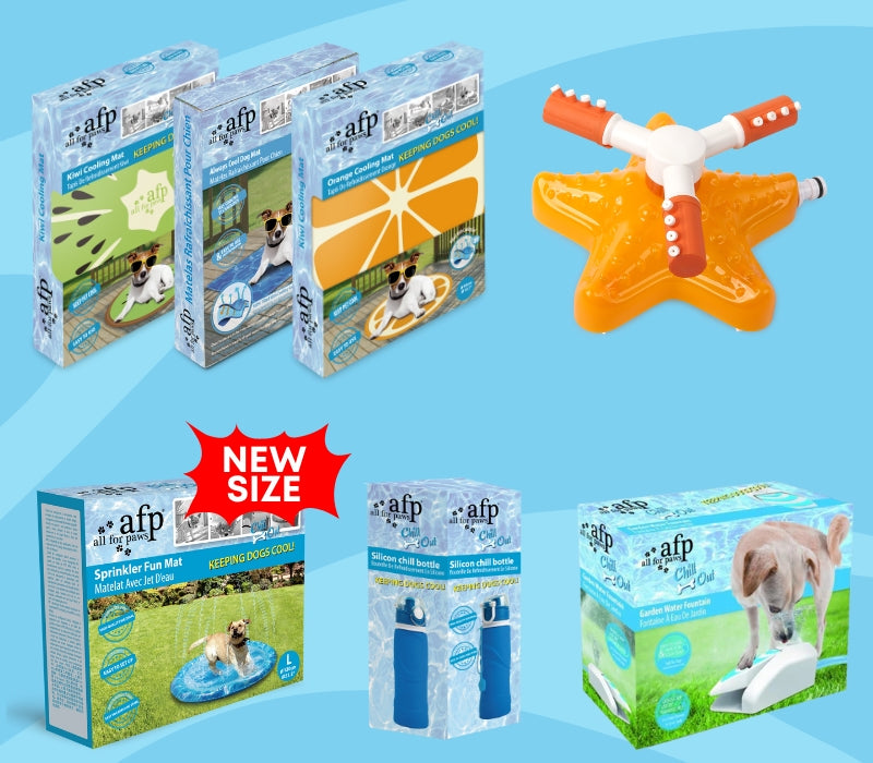 AFP Chill Out Cooling and Water involved Products in a line on a blue background