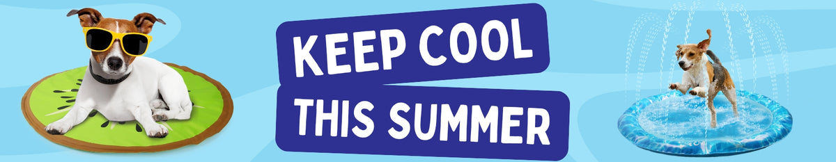 Dogs using cooling mats on blue background with Text to "keep cool this summer"