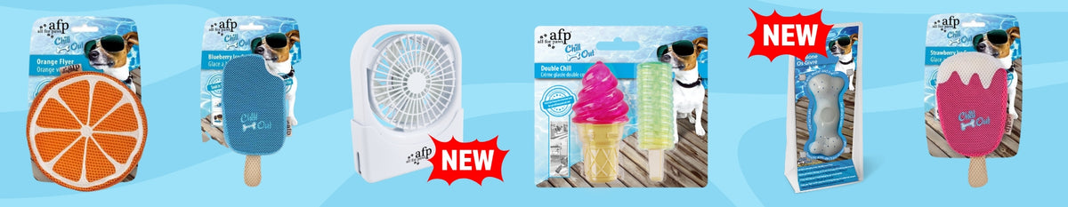 Six Chill Out branded toys on a blue background, two labeled as new.