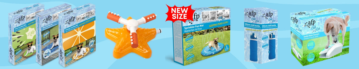 AFP Chill Out Cooling and Water involved Products in a line on a blue background