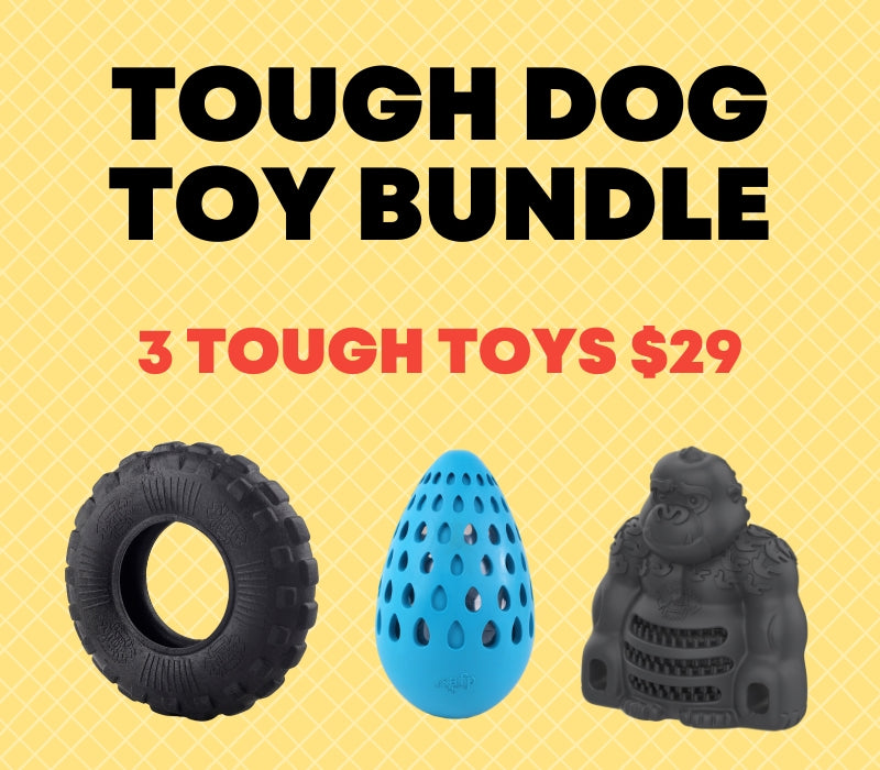 Tough dog toy bundle with three toys on a yellow background