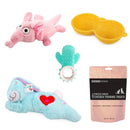 Collection of pet toys and treats on a white background